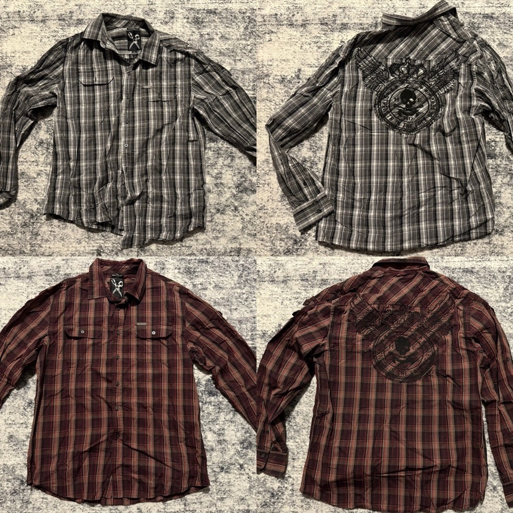Lot of 2 Vintage Marc Ecko Rear Graphic Mens Large Button Down Shirts EUC